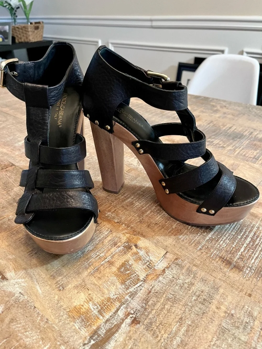 Vintage Dolce & Gabbana Studded Leather Wooden Platform Sandals - Size 39